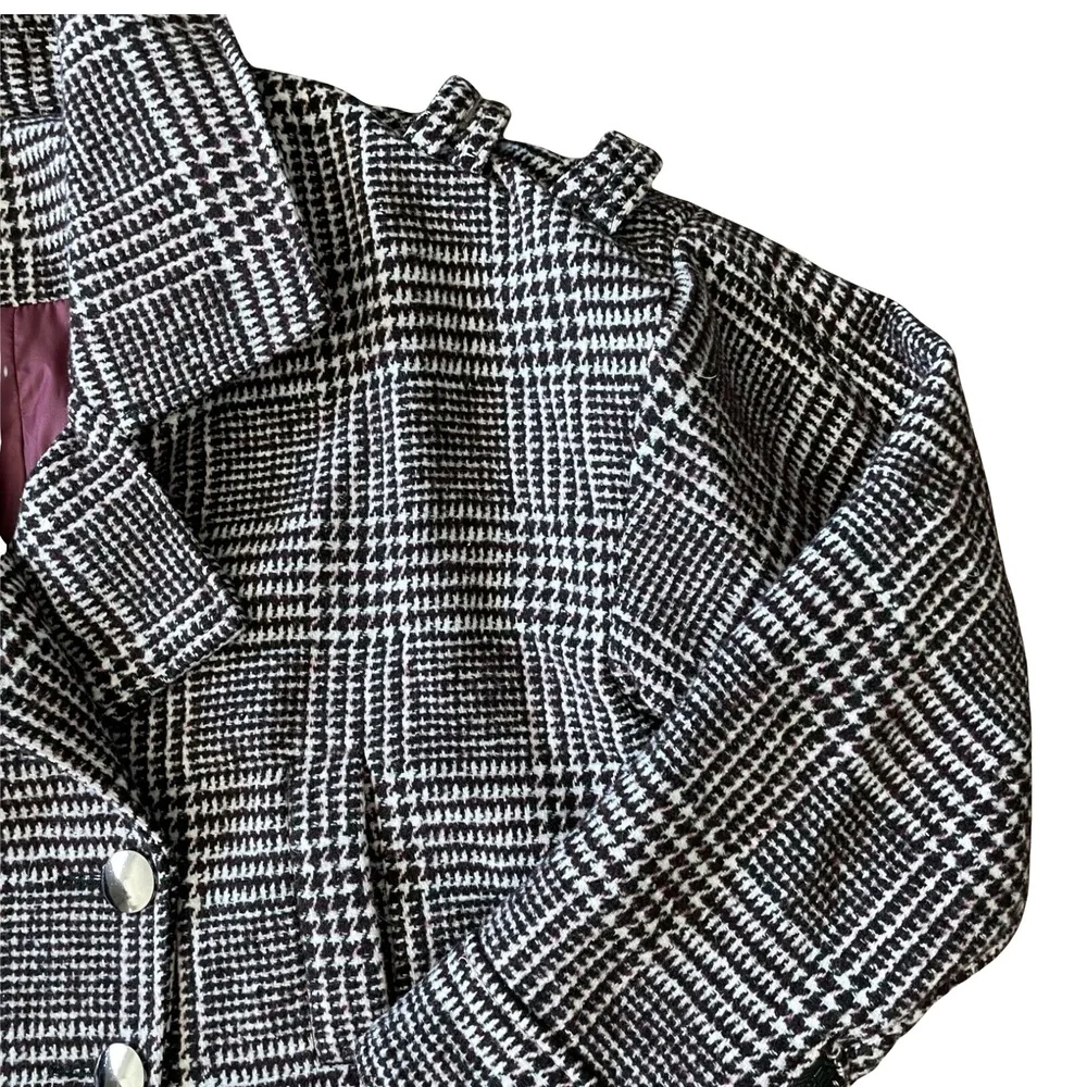 Maroon Black White Womens Wool Jacket Coat Plaid Houndstooth Double-Breasted M